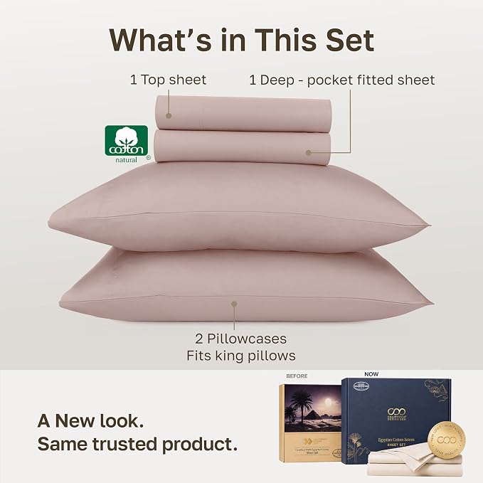 California Design Den 100% Egyptian Cotton Deep Pocket King Sheet Set | Backed by Good Housekeeping Seal, Light & Airy Soft Sateen, 16" Deep Pocket, All-Around Elastic, Easy Care - Dusty Rose
