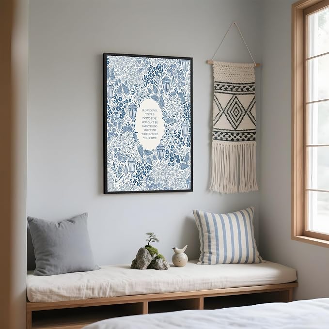 Framed Slow Down Youre Doing Fine Motivational Wall Art Music Quote Posters | Blue Inspirational Song Lyric Canvas Print Vintage Aesthetic Positive Affirmation Daily Reminder Office Home Decor 8x12inch