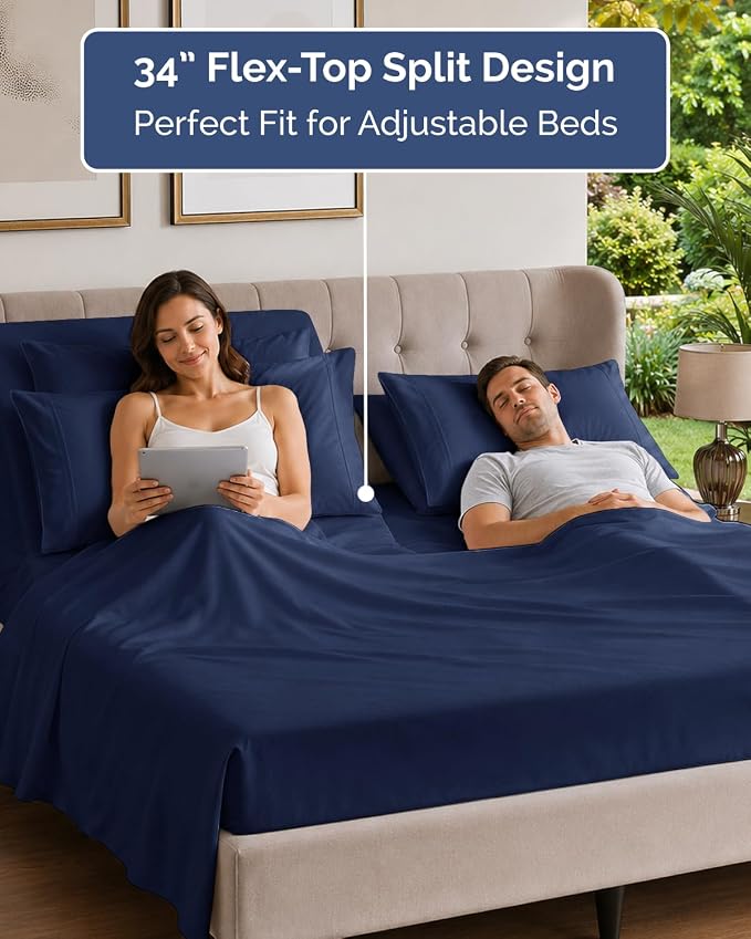 Flex Top Split Head King 6 Piece Sheet Set - Soft & Cooling - Navy Blue | Ultra Soft Hotel Luxury Bedding Set w/ 8-16 Inch Deep Pockets, 1 Flat & 1 Split-Head Fitted Sheet & 4 Pillowcases, Fade Free