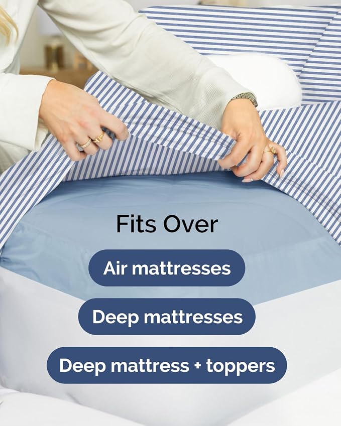 Extra Deep Flex Top Split Head King Fitted Sheet Only - Blue Stripes | Easily Fits 18 inch to 24 inch Mattress, Soft, Wrinkle Free, Breathable & Comfy, Extra Deep Pockets Hotel Luxury Fitted Sheet