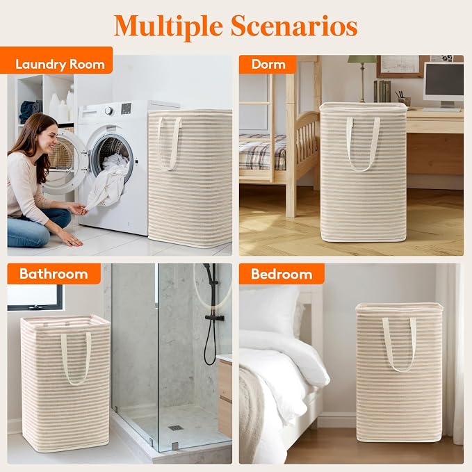 Lifewit 75L Large Collapsible Laundry Basket with Extended Handles, Beige | Foldable Laundry Hamper, Tall Dirty Clothes Basket, Waterproof, Freestanding Design for Bedroom, Bathroom, College Dorm