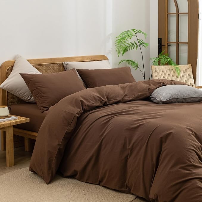 BESTOUCH Cotton Solid Duvet Cover Set Linen Feel Cocoa Brown Full | 100% Washed Cotton, Soft Wrinkle Texture, Hidden Zipper, 8 Ties, Breathable Lightweight Durable Comfy, 3 Pcs No Insert