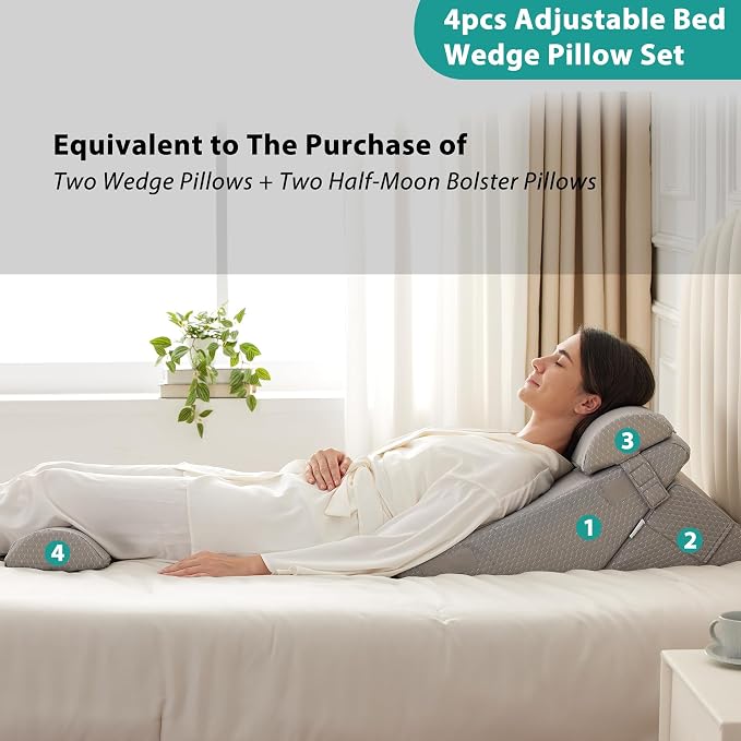 Adjustable 4pcs Bed Wedge Pillow Set, Memory Foam Wedge Pillows Post Surgery for Back, Neck, Leg Pain Relief, Pillow Wedge for Sleeping, Sitting up in Bed, Acid Reflux and GERD, Grey