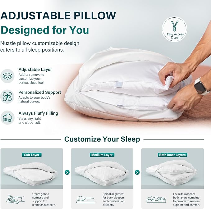 Nuzzle Pillow Standard Adjustable Neck Pillow,Soft Luxury Hotel Feel | Bed Pillows Standard with Adjustable Height & Firm Feel for Side, Back and Stomach Sleepers–Gift for Women & Men