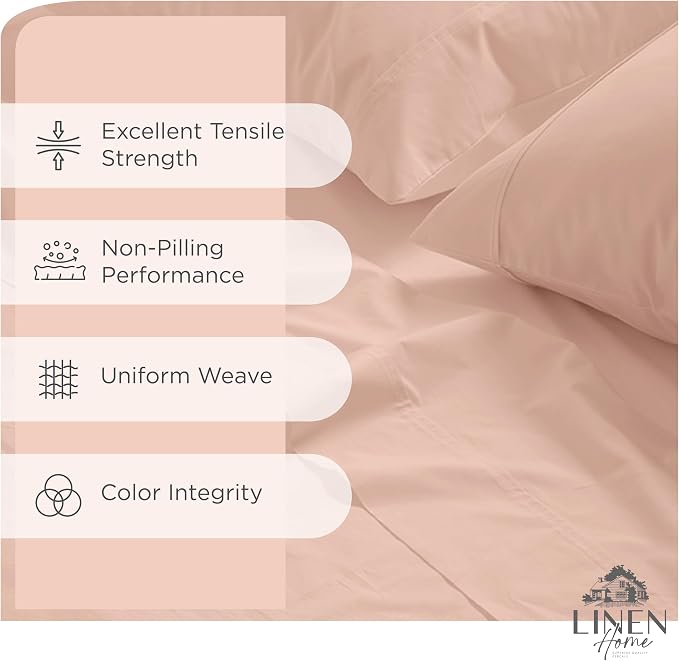 Linen Home 100% Cotton Percale Sheets Twin Size Pack of 2, Brushed Rose, Deep Pocket, 6 Pieces Set- 2 Flat, 2 Fitted and 2 Pillowcases, Crisp Cool and Long Staple Strong Bed Linen