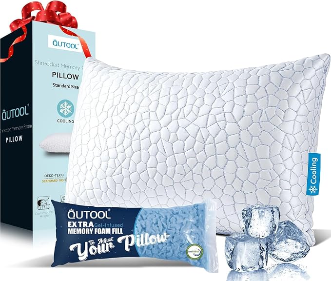QUTOOL Cooling Pillow for Sleeping, CertiPUR-US Shredded Memory Foam Standard Pillow Set of 1, Cool Pillow for Hot Sleepers Adjustable Firm Pillow for Side,Back,Stomach Sleepers Soft Yet Support,White