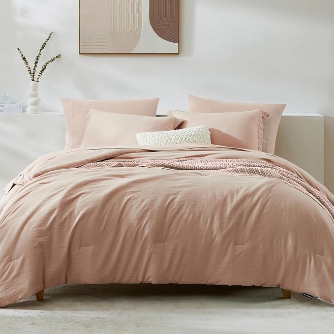 King Size Comforter Set- 7 Pieces Prewashed Bed in a Bag King Bedding Sets | Soft All Season Comforter with Sheets, Pillow Shams & Pillowcases,Clay Pink