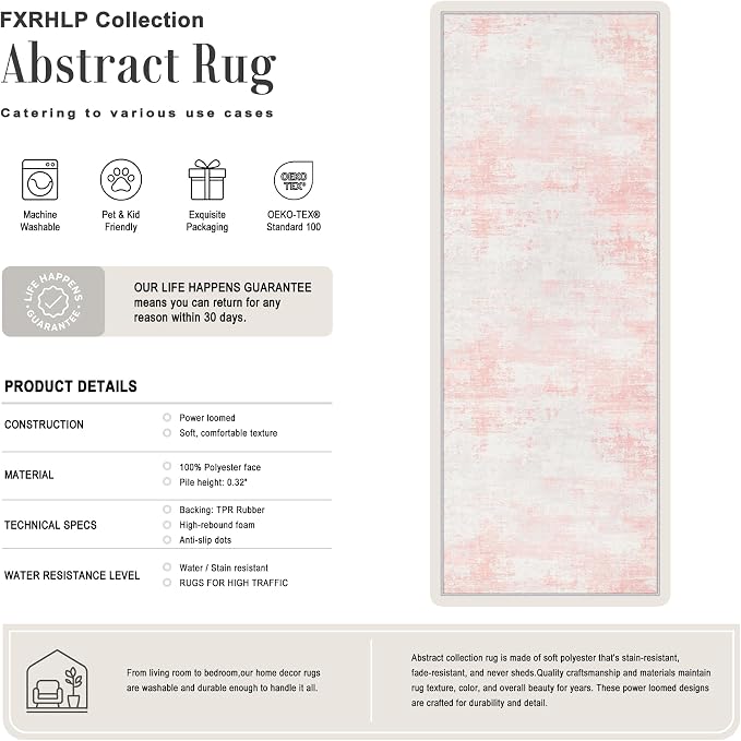 2.6x8 Washable Runner Rug：Modern Abstract Soft Carpet Pink White | For Hallway, Bedroom, Kitchen, Laundry, Bathroom,Door Mat,Modern Abstract,Machine washable,Non-Slip,Stain Resistant,Indoor