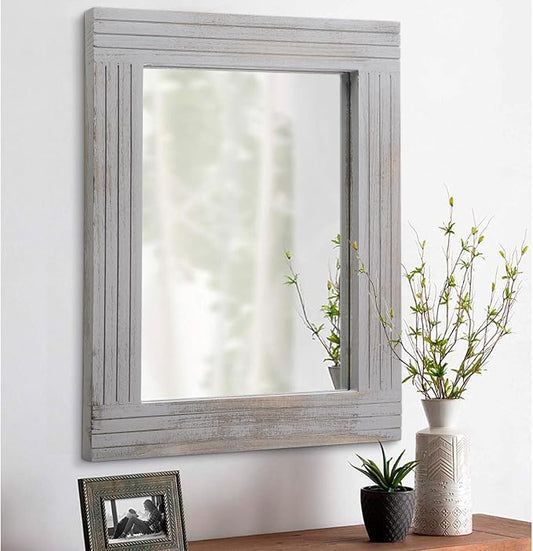 Rustic Wall Mirror Farmhouse, with Frame Wood Wall Mirror Rectangle Antique Decor Hanging Mirror for Bathroom Living Room Bedroom Entryway Small 16" x 12 "