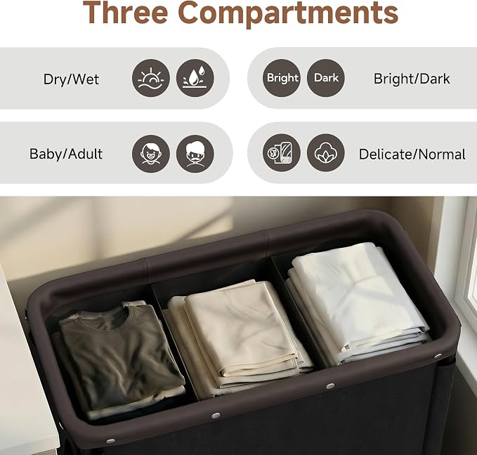 StorageWorks 3 Section Laundry Hamper, 120L Black Sorter Cart with Wheels | Black Sorter Cart, Rolling Organizer for Bedroom, Bathroom, Apartment