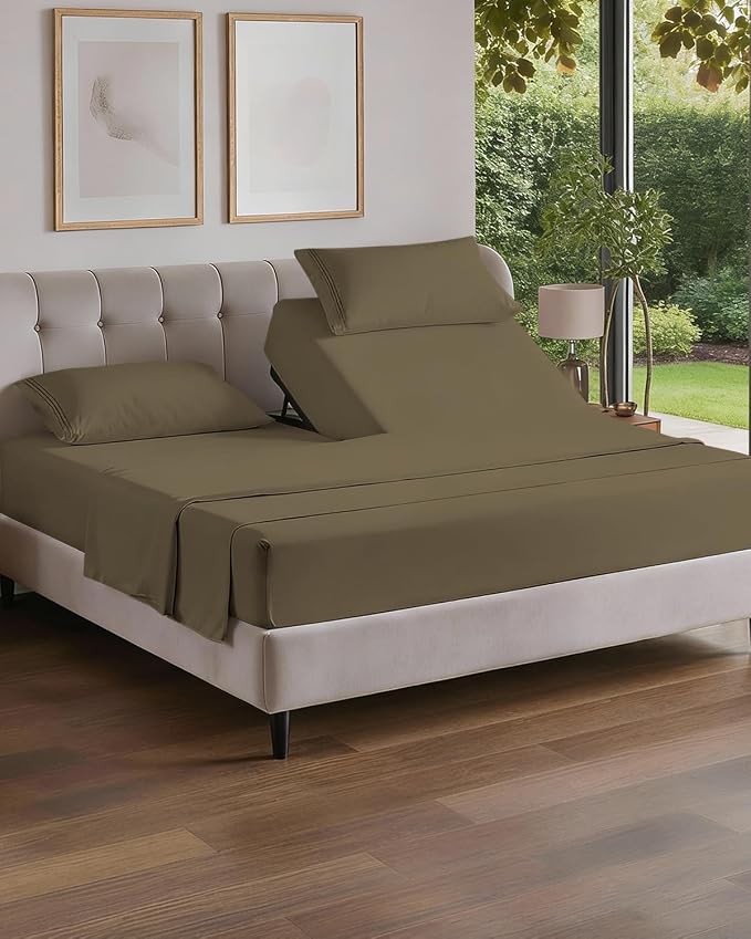 Flex Top Split Head King 4 Piece Sheet Set - Ultra-Soft, Breathable - Khaki | Cooling Bed Sheets Set, Hotel Luxury Bedding for Women & Men with Deep Pockets, Wrinkle Free & Fade Resistant, Oeko-Tex