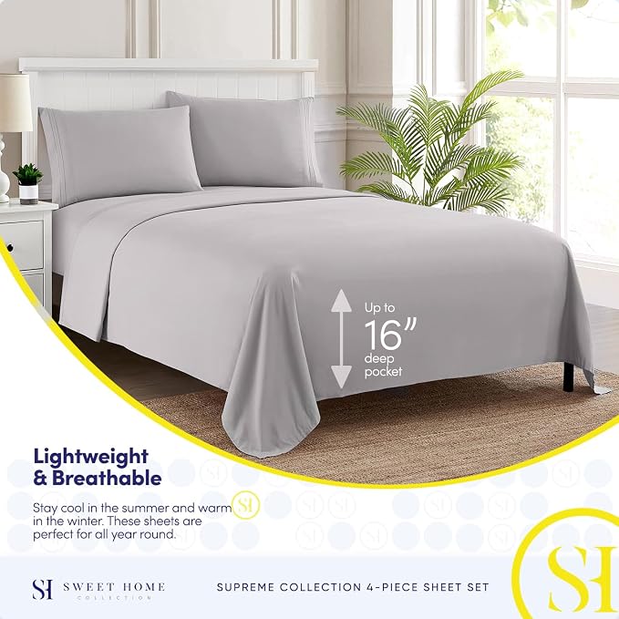 Split King Sheets - Breathable Luxury Sheets with Full Elastic & Secure Corner Straps Built In - 1800 Supreme Collection Extra Soft Deep Pocket Bedding Set, Sheet Set, Split King Size, Silver
