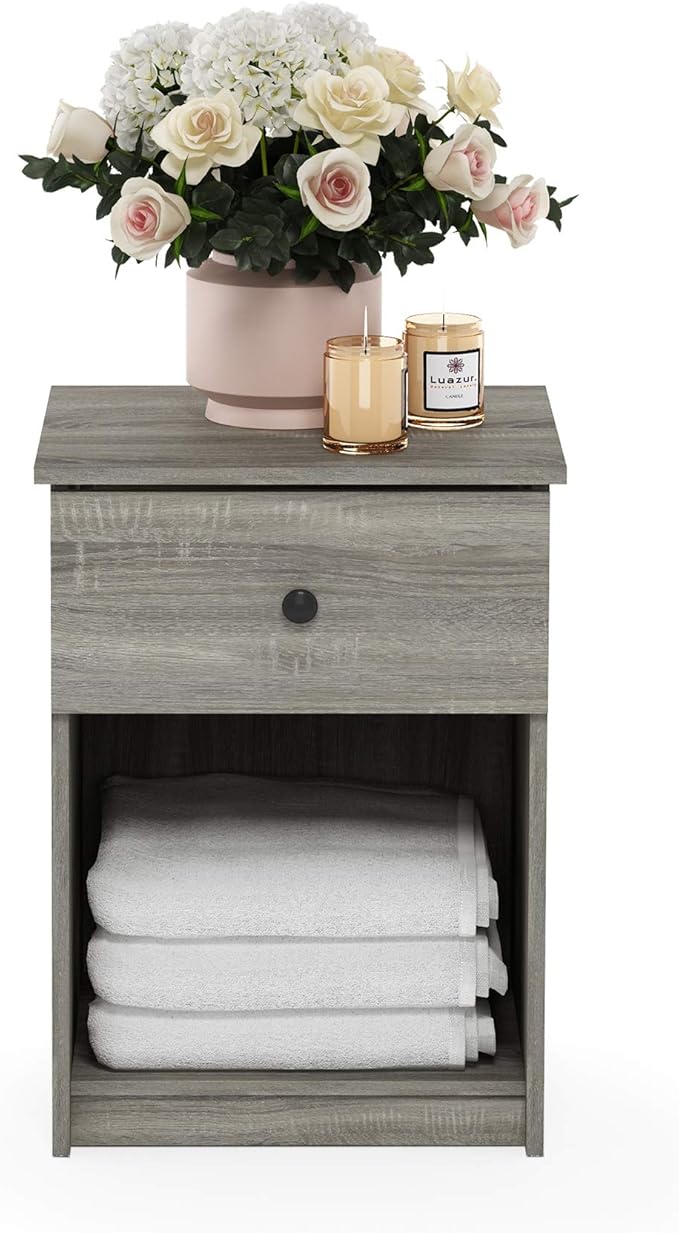 Furinno TIDUR Set of 2 Night Stand with Drawer, French Oak | Knob Handle Drawer, Modern Nightstand with Storage Shelf, Bedside Table, End Table, Side Table, for Bedroom, Closet, Dorm