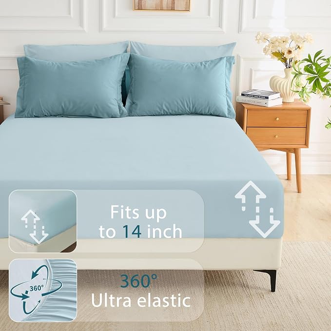 7 Pieces Full Comforter Set, Soft Bed in a Bag Full Size, All Season Bedding Set with Comforter, Flat Sheet, Fitted Sheet, Pillowcases & Shams, Mineral Blue & Light Blue