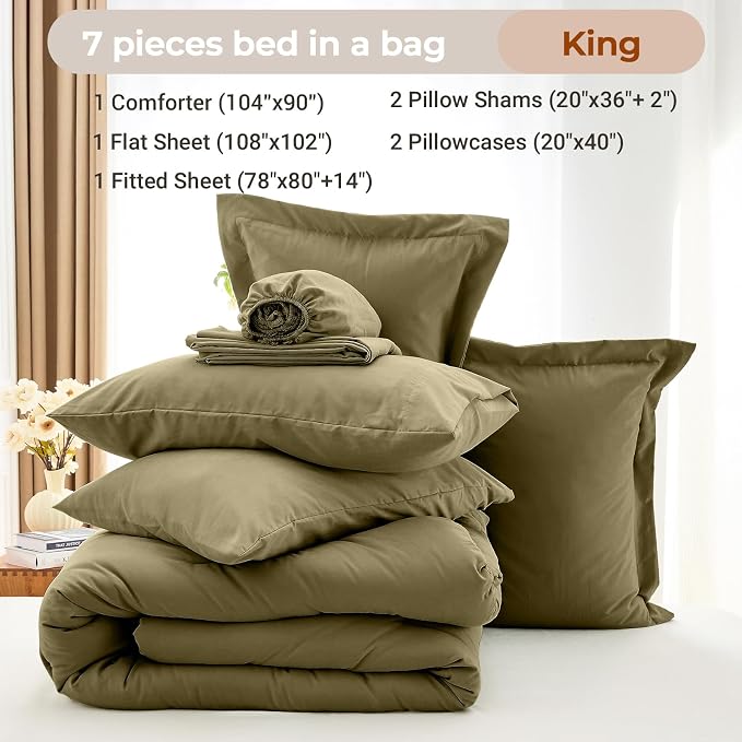 7 Pieces King Comforter Set, Soft Bed in a Bag King Size, All Season Bedding Set with Comforter, Flat Sheet, Fitted Sheet, Pillowcases & Shams, Olive Green
