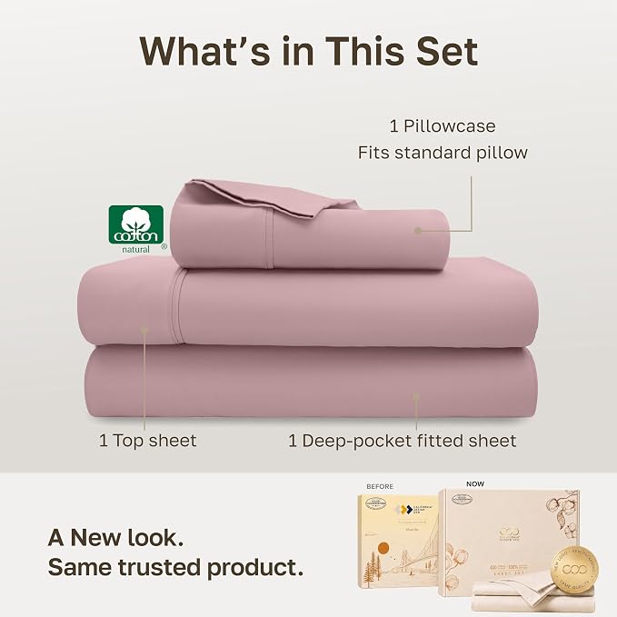 California Design Den 100% Cotton Sateen Twin Size Sheets, 3 Pcs Set, Mauve | 400 Thread Count Backed by Good Housekeeping Seal, All-Around Elastic, Durable, Easy Care, OEKO-TEX certified