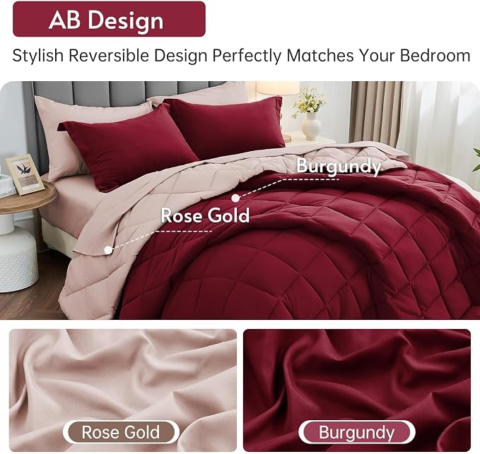 7 Pieces King Comforter Set, Reversible Bed in a Bag King Size, All Season Bedding Set with Comforter, Flat Sheet, Fitted Sheet, Pillowcases & Shams, Burgundy & Rose Gold