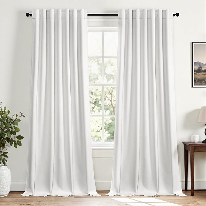 Topfinel Snow White Linen Blackout 120 Inch Curtains for Large Living Room 2 Panels Set Back Tab Drapes Farmhouse Thermal Insulated Full Black Out Curtains 120 Length High Ceiling to Floor 52Wx120L