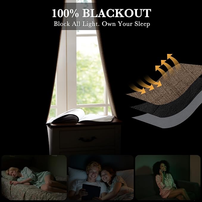RYB HOME Brown 100% Blackout Short Curtains 45 Inches Long for Cafe | Thermal Insulated, Linen Texture, Light Blocking, for Kitchen RV Bathroom Basement Garage, Small Window, W52 x L45, 2 Panels
