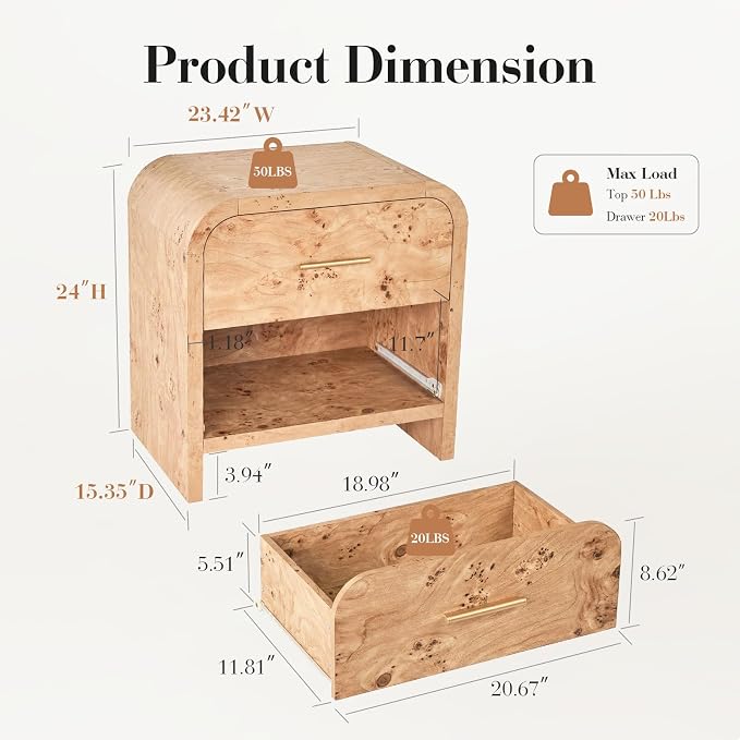 Night Stand Set of 2 [Unique Curved Profile] [FSC-Certified Wooden Board] 2-Drawer Nightstand 24" H Metal Handle Modern Sturdy Bedside Table Side Table End Table | [Curved Profile] [FSC-Certified Wooden Board] Nightstand 24" H Metal Handle Modern Bedsi...