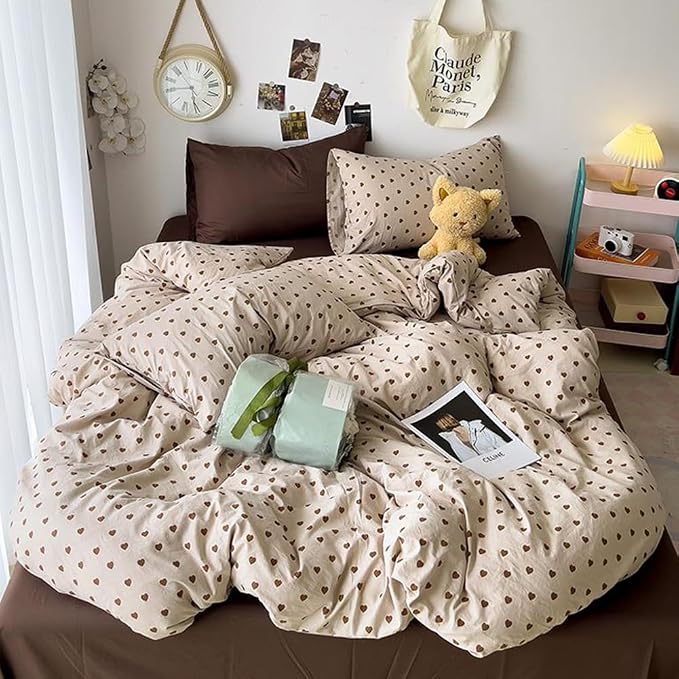 Nayoroom Brown Heart Duvet Cover Set Queen Vintage Farmhouse Bedding | Soft Breathable Washed Microfiber, All-Season Comfort, Hidden Zipper, 4 Corner Ties, Modern Aesthetic Bedding