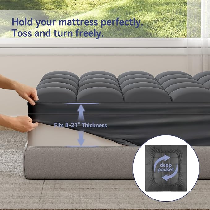 ELEMUSE Cal King Grey Mattress Topper, Thick Pillow Top Mattress Pad Cover | Plush soft breathable bed topper for back pain relief, with elastic deep pocket and overfilled down alternative filling