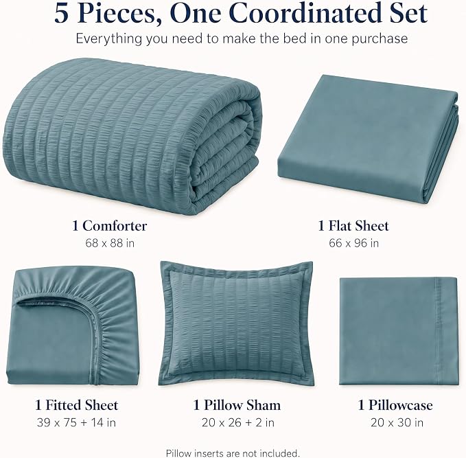 Twin Comforter Set, 5 Pieces Mineral Blue Seersucker Bed in a Bag | OEKO-TEX Certified, All Season Bedding Sets with 240 GSM Down Alternative Comforter, Flat & Fitted Sheets, Pillowcase & Sham