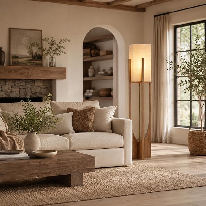 Farmhouse Style Floor Lamp,57 Inch,for Living Room | Natural Wood Frame,Linen Lampshade,Soft Ambient Glow,3000K Warm Light,Suit for Couch Bedroom,Boho Decor