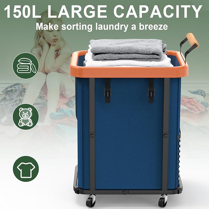 150L Laundry Basket with Wheels, Rolling Basket Hamper with Lid & Handle | Laundry Organizer Storage Cart with Heavy Duty Sturdy Metal Frame for Home, Hotel, Laundry Room - Dark Blue