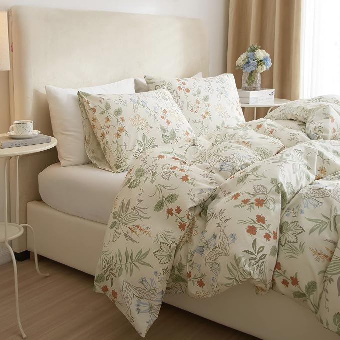 mixinni Floral Duvet Covers King Size Botanical Flower Leaf Printed on White Bedding Duvet Cover Set with Zipper Closure Ties for Him and Her 1 Duvet Cover with 2 Pillowcases-(3pcs, King Size)
