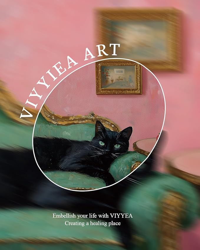 VIYYIEA Vintage Gold Framed Wall Art for Living Room, Black Cat Canvas Prints Home Decor, Oil Painting Picture, Bedroom Wall Decor Gifts for Friends or Family -【Lying Cat】-(10L x 8W)