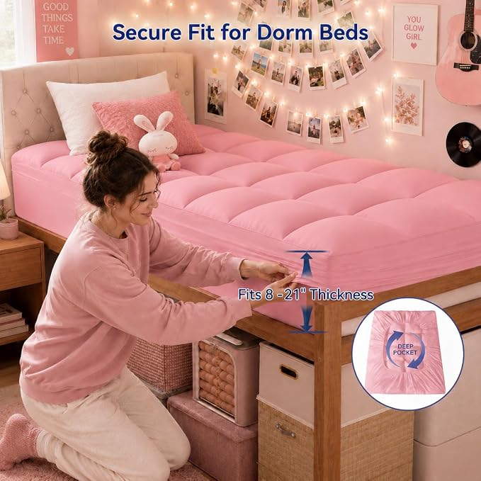 ELEMUSE Twin XL Mattress Topper for Dorm, Plush Pillow Top Bed Pad | Pink college dorm essential with plush comfort, designed for Twin XL beds in dorm rooms, and back to school upgrade