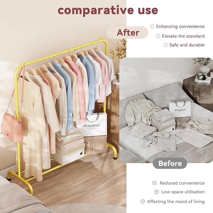 Clothing Clothes Rack with Storage Shelf, 45" L Standard Garment Rack for Hanging Clothes, Metal Portable Wardrobe Rack for Laundry Room, Bedroom, Gold
