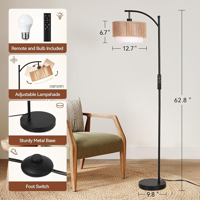 SUNMORY Arc Floor Lamps for Living Room with 12W Remote and Dimmable Bulb | Farmhouse Floor Lamps with Adjustable Rattan & Fabric Shades, LED Lamp, Boho Standing Lamp for Bedroom, Corner, Home Decor