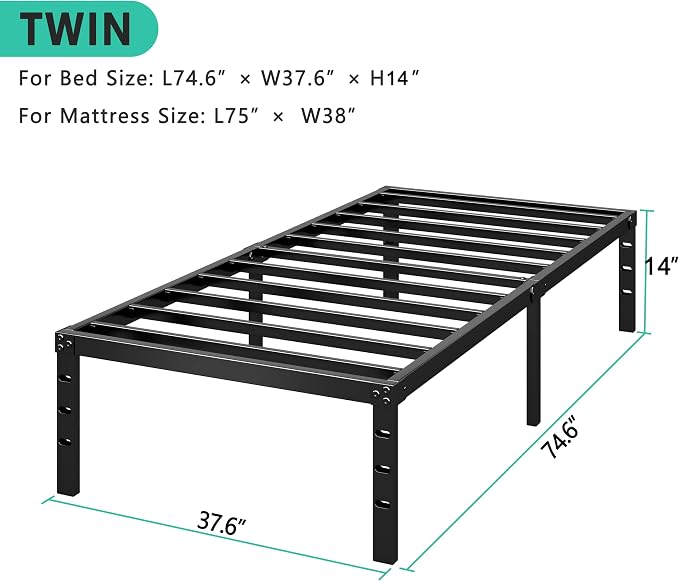 HLIPHA Metal Platform Bed Frame 14 Inch Tall Bed No Box Spring Needed,Twin Size Bed with Sturdy Slat Support,Easy to Assemble,Black
