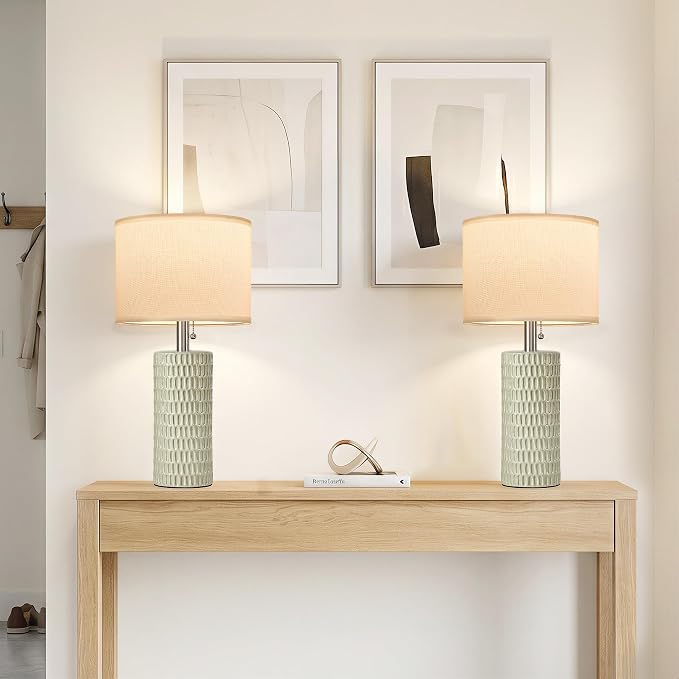 Reaketon 20” Modern Table Lamps Set of 2, Lamps for Bedroom, Light Green | Ceramic Table Lamps for Nightstands, Small Table Lamps for Living Room, Bedside, End Table, Kids Room, Pull Chain Switch