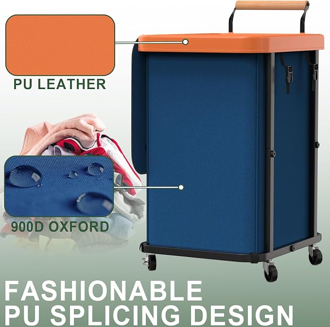 150L Laundry Basket with Wheels, Rolling Basket Hamper with Lid & Handle | Laundry Organizer Storage Cart with Heavy Duty Sturdy Metal Frame for Home, Hotel, Laundry Room - Dark Blue
