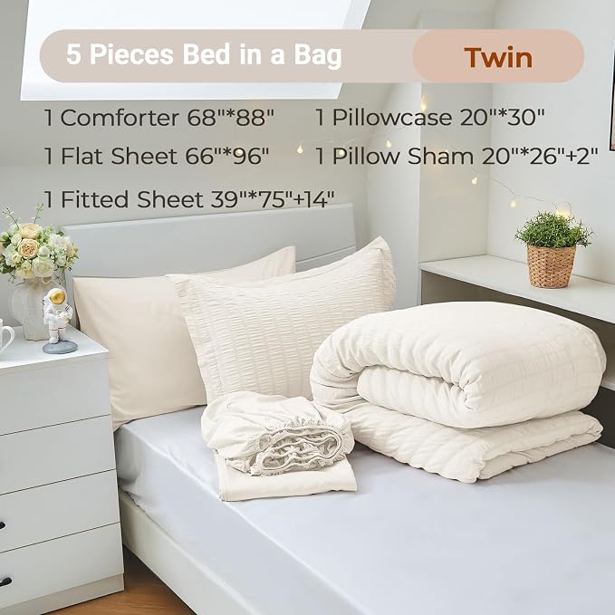 5 Pieces Twin Comforter Set, Seersucker Bed in a Bag Twin Size, All Season Luxury Bedding Set with Comforter, Flat Sheet, Fitted Sheet, Pillowcase & Sham, Ivory