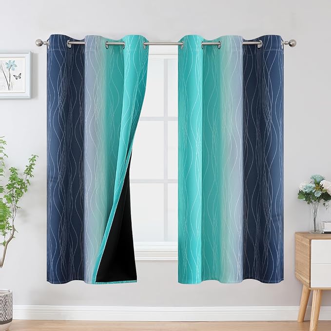 Navy Blue and Teal Gradient Blackout Curtains for Bedroom 63 Inches Long | Estelar Textiler Ombre Living Room Curtains,Room Darkening,Thermal Insulated,Light Blocking Grommet Drapes,42Wx63L,2 Panels