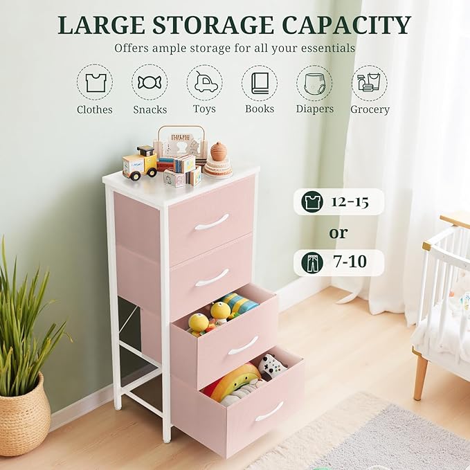 4 Drawers Dresser for Bedroom Fabric Storage Tower with Wooden Top | Steel Frame Tall Chest of Drawers for Closet, Entryway, Dorm, Pink