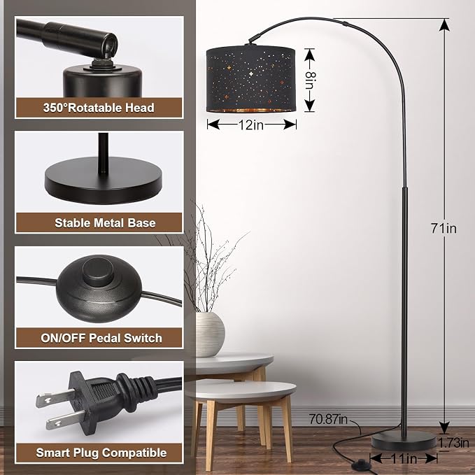 Modern Arc Floor Lamp, Tall Pole Lamp with Black Stars Lampshade | Arched Reading Light with Adjustable Lamp Head and Pedal Switch, Over Couch Hanging Light for Living Room, Bedroom, Office