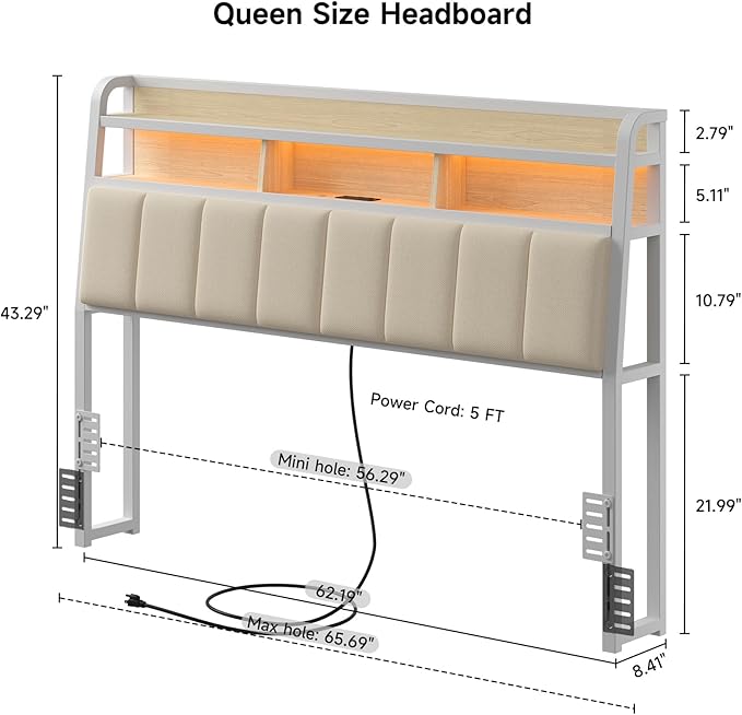 ComfyCorner Queen Size Headboard with Storage & LED Light, Off White | Upholstered Ergonomic Head Board with Power Outlets & 2-Tier Storage, Queen Headboard Only, Bed Frame Mounting, Heavy Duty
