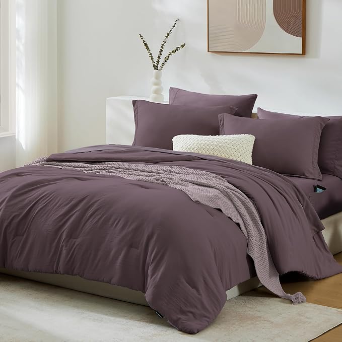 Queen Comforter Set-7 Pieces Soft Prewashed Bed in a Bag Queen Bedding Sets | All Season Comforter with Sheets, Pillow Shams & Pillowcases, Artic Plum