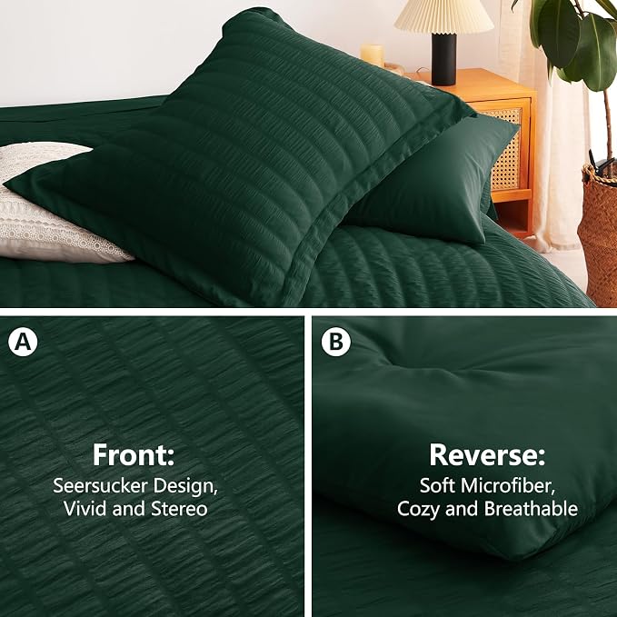 Twin Comforter Set, 5 Pieces Emerald Green Seersucker Bed in a Bag | OEKO-TEX Certified, All Season Bedding Sets with 240 GSM Down Alternative Comforter, Flat & Fitted Sheets, Pillowcase & Sham