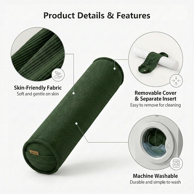 Long Pillow for Bed – Corduroy Round Bolster Pillow for Adults, Decorative Body Pillow for Sleeping or Sofa Support,59 x 7.87 Inches,Avocado Green