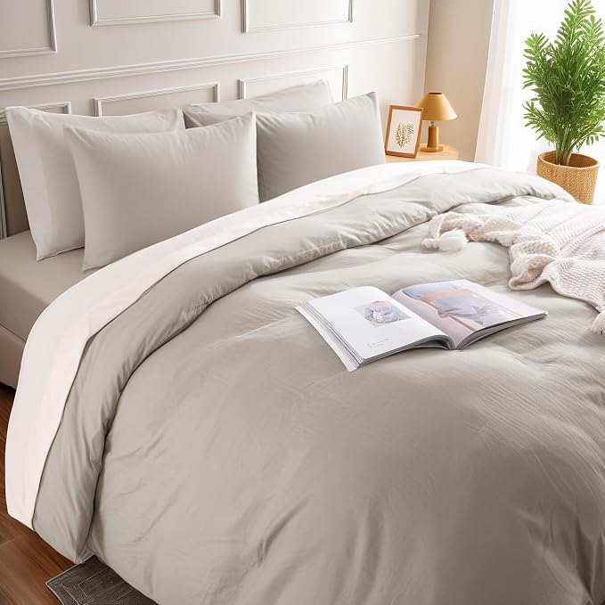 NEXHOME PRO Duvet Cover Queen Size, 100% Washed Cotton Orgnic Linen Like Textured Breathable Durable Comfy, Cream Grey