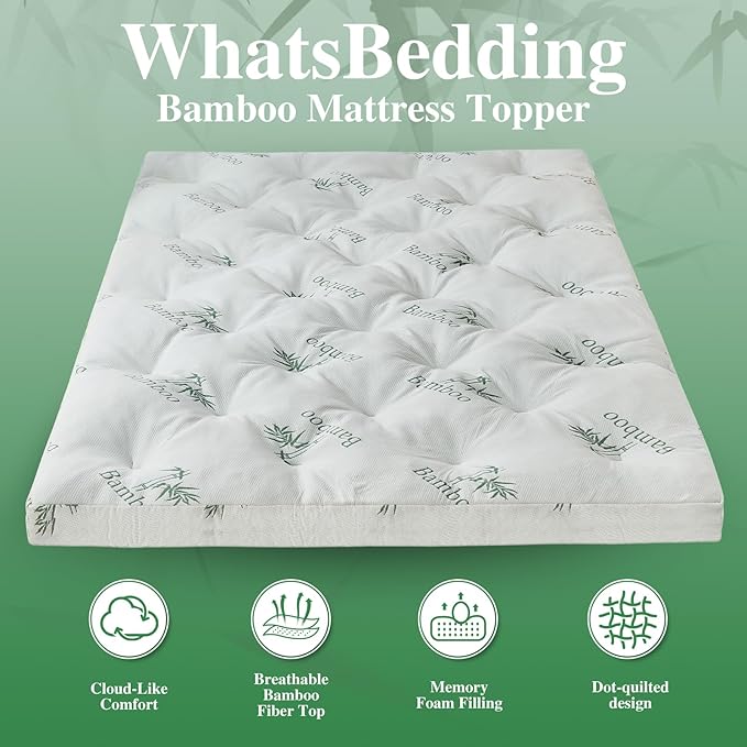 WhatsBedding 4 Inch Memory Foam Mattress Topper Queen Size for Back Pain, Filled with Breathable Gel Memory Foam, Cooling Bamboo Viscose Air Layer