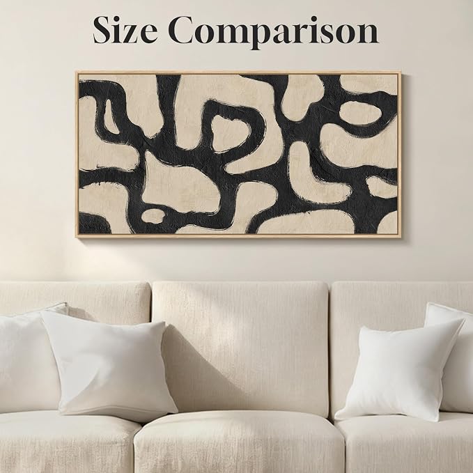 Framed Neutral Modern Abstract Horizontal Wall Art for Living Room, 24x48 | Black and beige, Modern, Minimalist, Large, Canvas artwork, Bedroom wall decor, Hallway wall art, Home office, Ready to hang