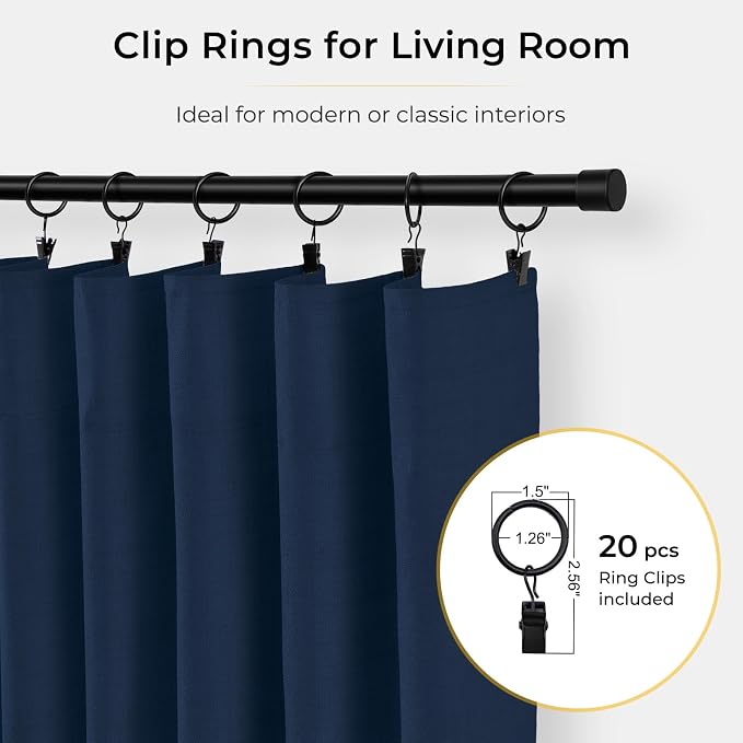 INOVADAY 100% Blackout Curtains for Bedroom Black Out Curtains 80 Inch Long | Midnight Blue Living Room Curtains 2 Panels, Clip Rings Linen Look Blackout Drapes, Thermal Insulated Room Darkening,W50xL80