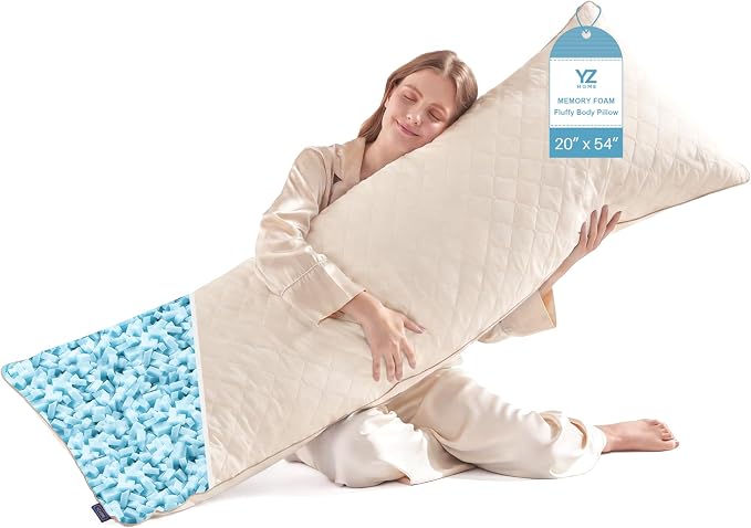 YZ HOME Long Body Pillow for Adults,Firm Body Pillow Shredded Memory Foam | Adjustable Height,Support for Side Sleeper & Pregnant Women(Beige,20x54 Inch)
